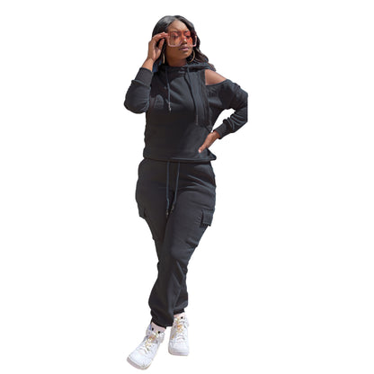 European And American Sports Suit Sweatshirt Off-the-shoulder Running Suit Hooded Long Sleeve Autumn And Winter