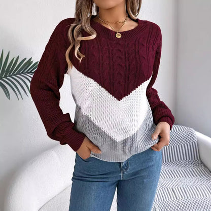 Color Matching Twist Lantern Sleeve Knitted Pullover Sweater