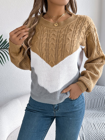 Color Matching Twist Lantern Sleeve Knitted Pullover Sweater